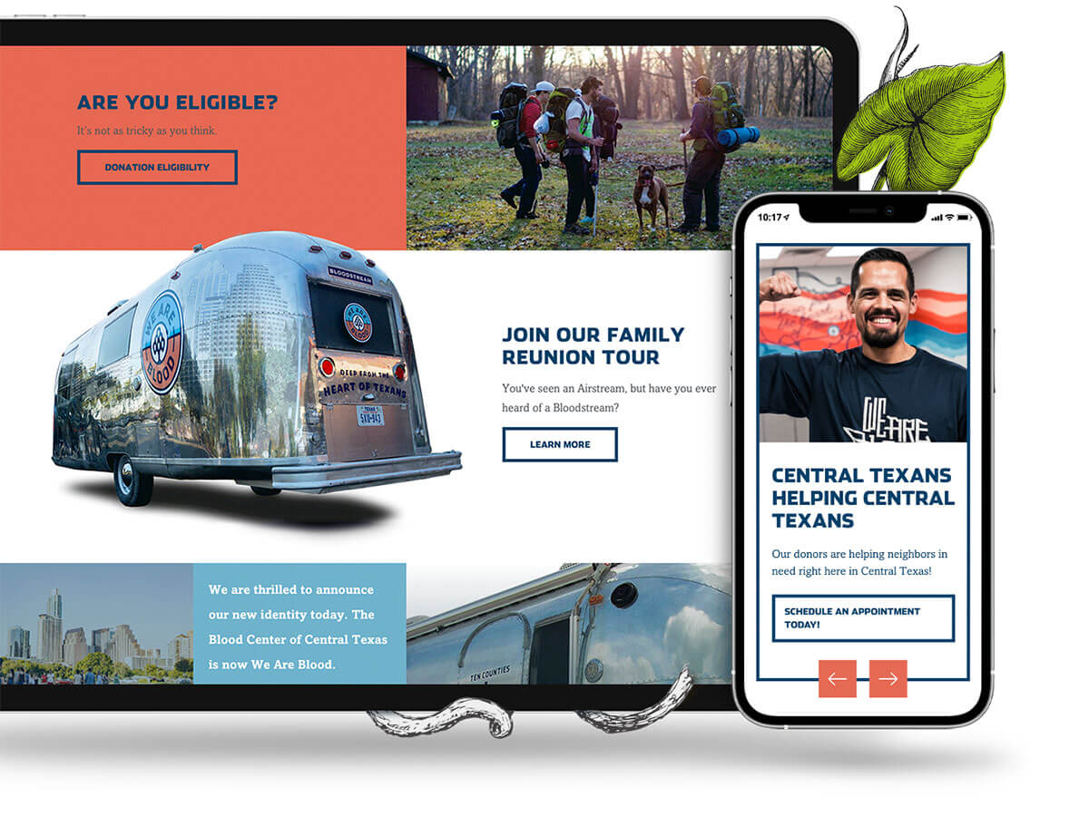 A tablet and phone showing off the branding used on the site with a retro color palette and overlapping graphics.